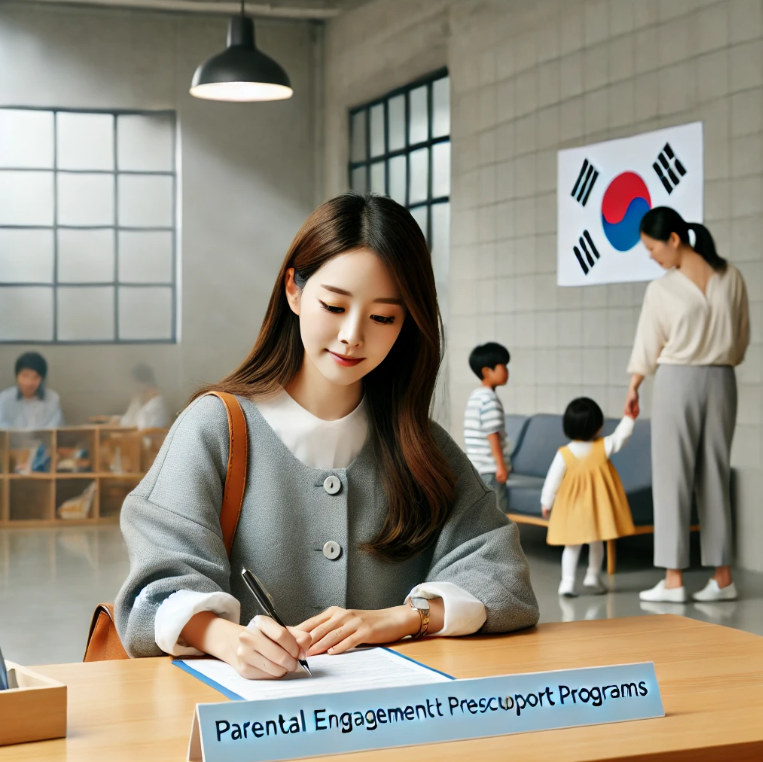 커뮤니티 센터에서 유아학비 지원 신청서를 작성 중인 보호자의 모습