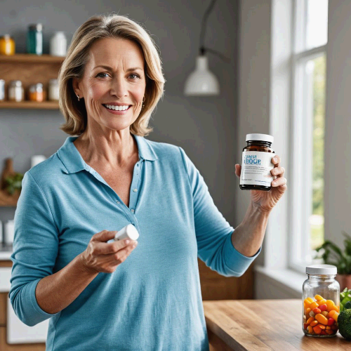 건강기능식품을 손에 든 중년 여성