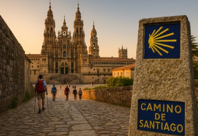 산티아고 순례길 끝자락에서 대성당을 향해 걷는 순례자들과 조개 표시가 새겨진 표지석