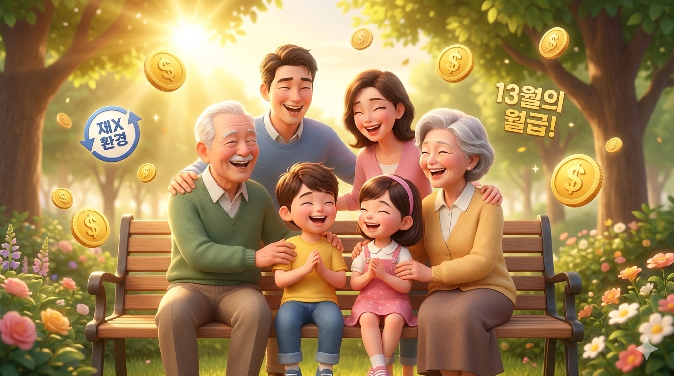 연말정산 인적공제 혜택을 받아 행복해하는 3대 가족 일러스트