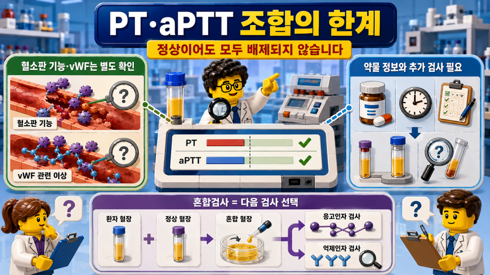 PT와 aPTT가 정상이어도 혈소판 기능 이상, vWF 관련 이상, 약물 영향, 추가 검사가 필요할 수 있음을 보여주는 레고 스타일 의료 인포그래픽