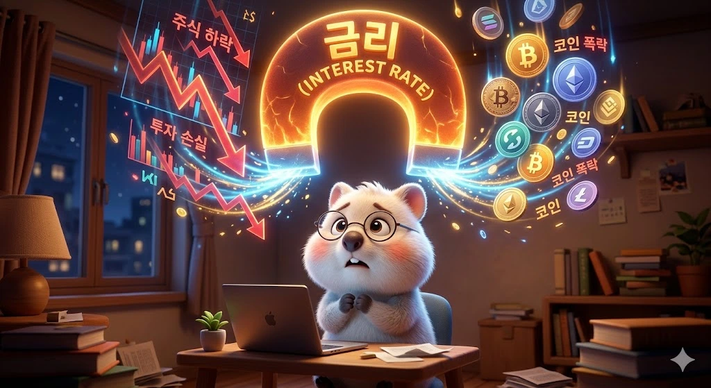높은 금리가 주식,코인 자산의 가격을 내려는 이미지