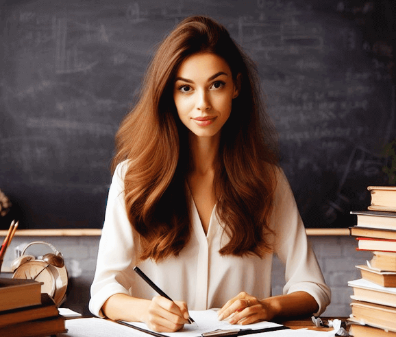 풍성한 긴 갈색머리를 가진 백인 여성 강사가 칠판 앞에 앉아서 정면을 바라본다. 책상에는 책들이 가득 쌓여있다.
