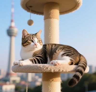 캣타워에 올라가 편안하게 쉬는 고양이
