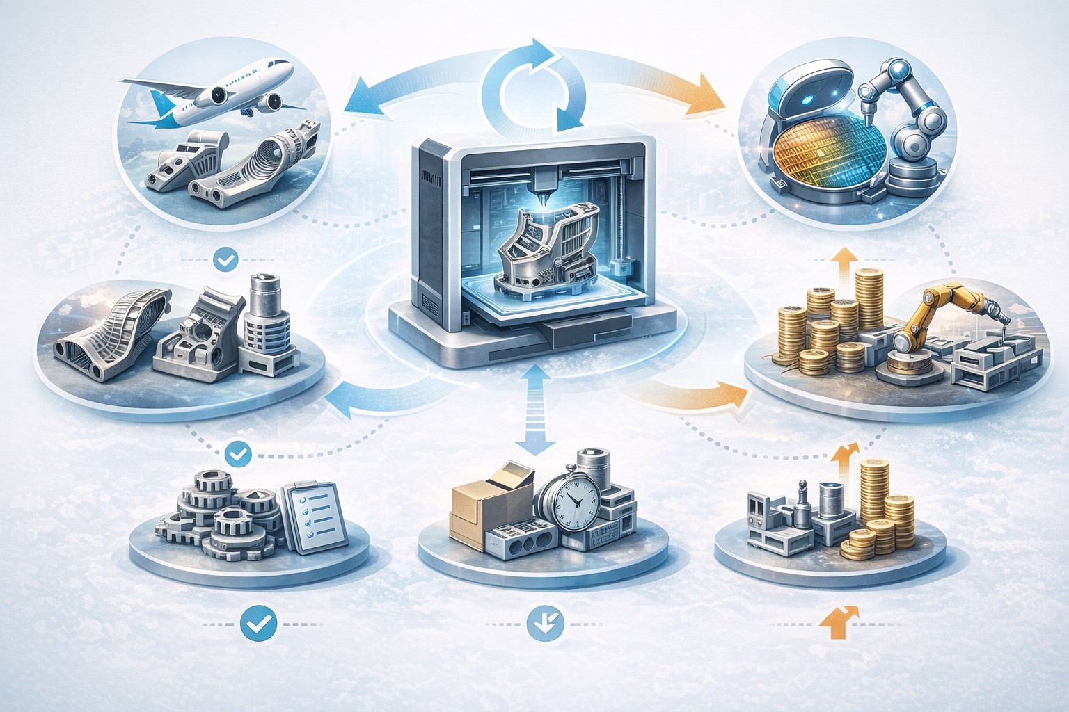금속 3D 프린팅에서 돈이 되는 산업의 공통점과 적용 부품 유형을 아이콘과 흐름도로 비교한 요약 다이어그램 이미지