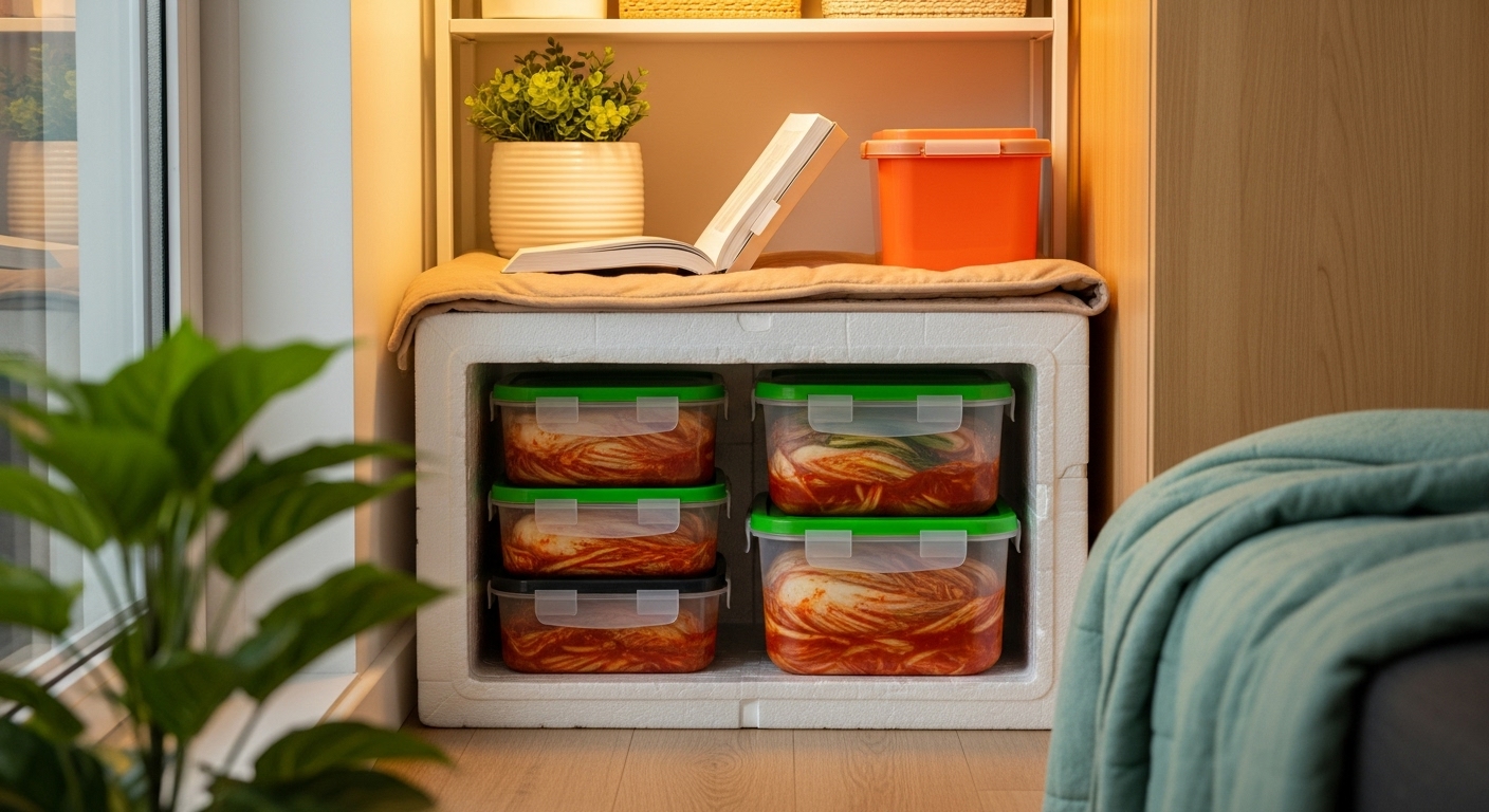 겨울철 서늘한 베란다에 스티로폼 박스에 넣어 보온한 김치통들이 깔끔하게 보관된 모습