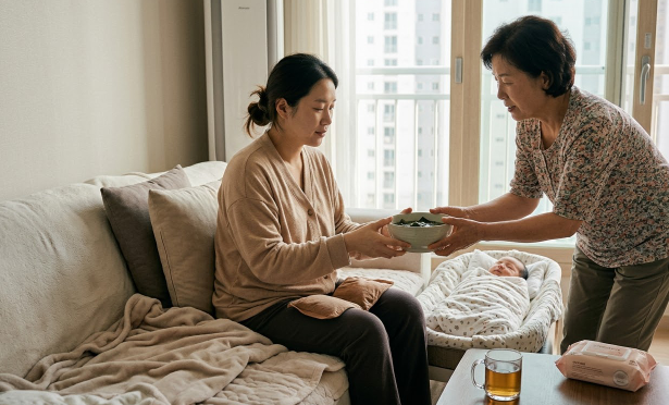 출산 후 몸조리하는 산모 이미지