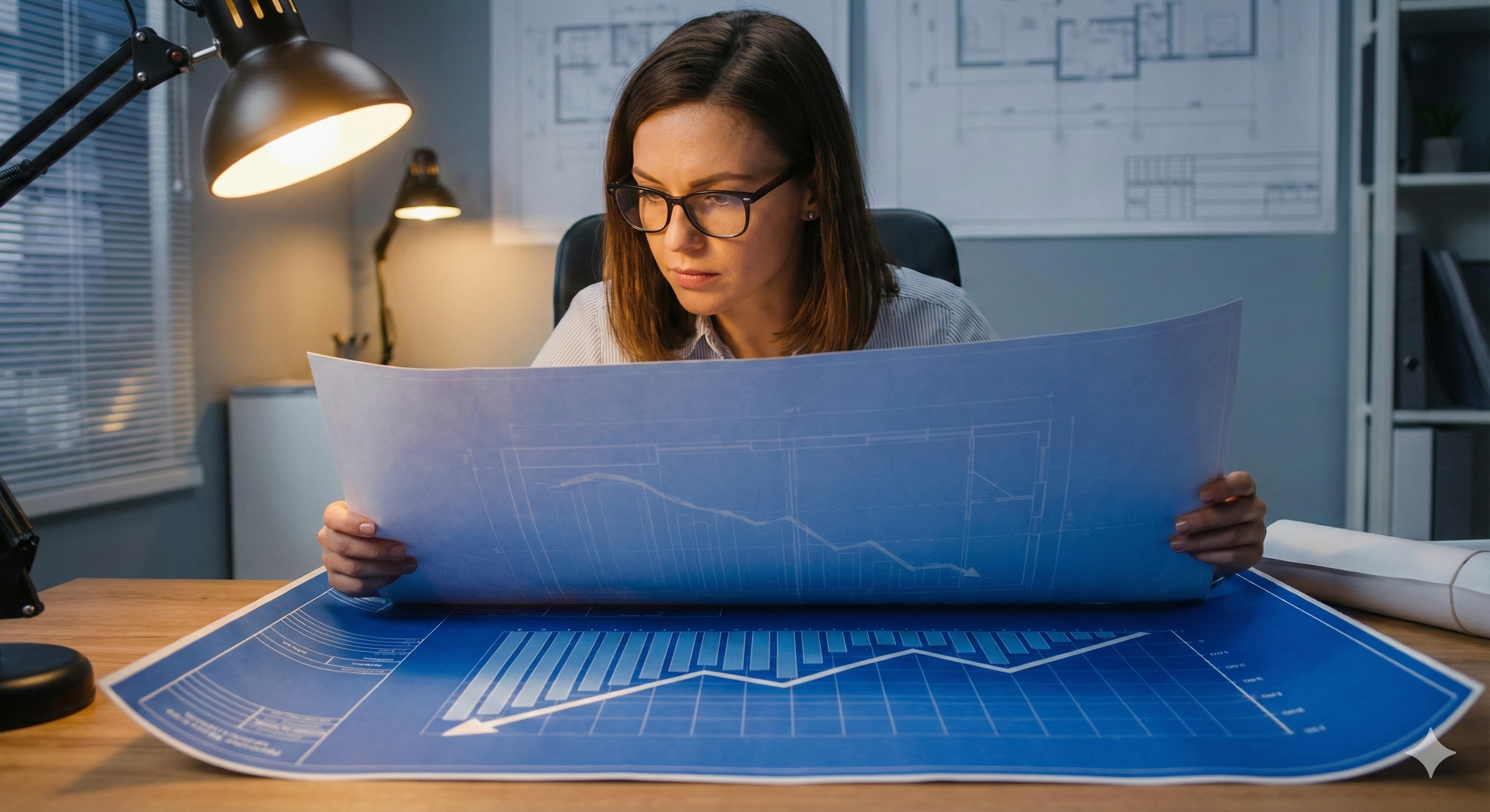 무너진 신용의 기초를 다시 세우기 위해 꼼꼼하게 재무 설계도를 검토하는 건축가 컨셉의 여성