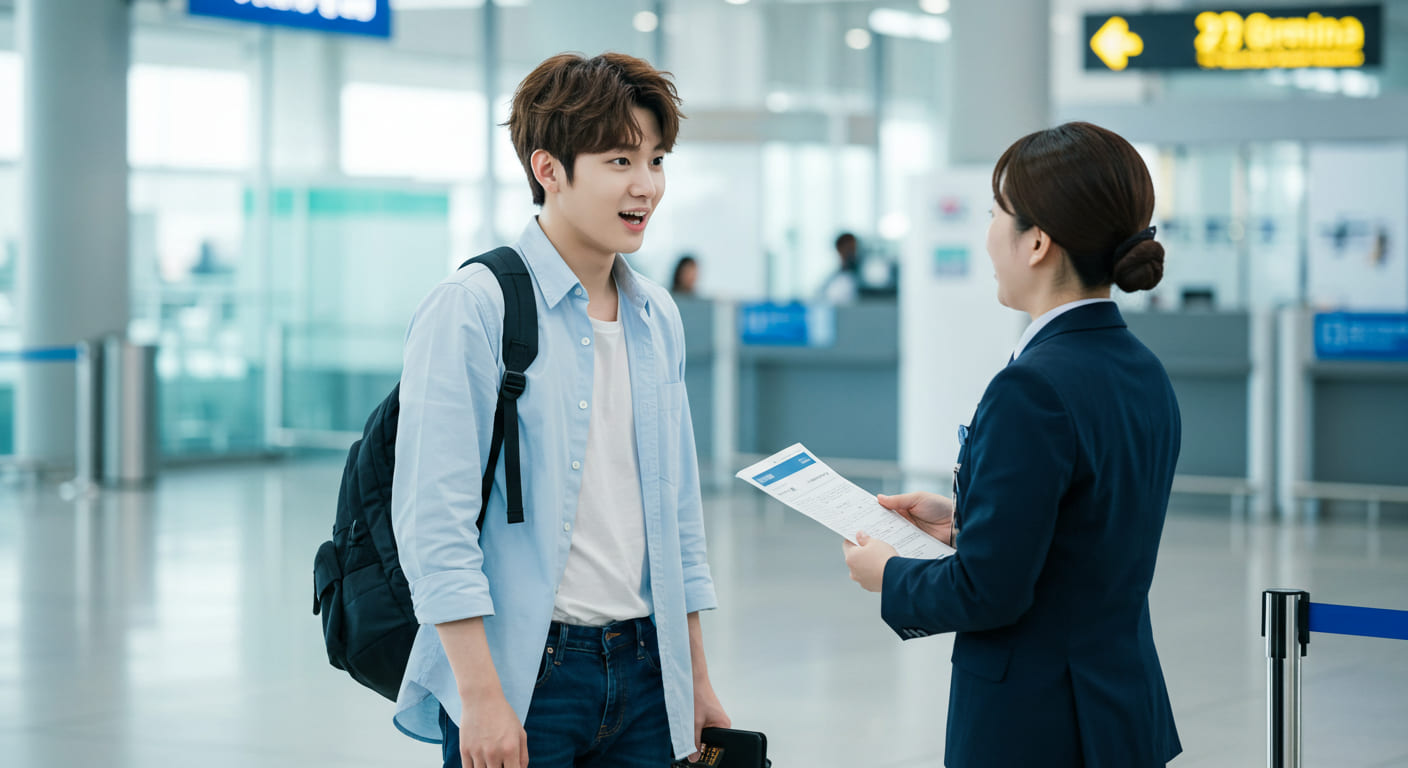 기차역에서 열차 시간을 확인하는 귀여운 한국인 남성