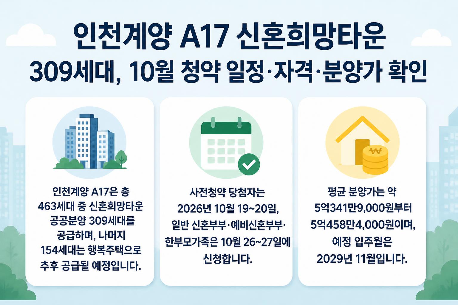 인천계양 A17 신혼희망타운 309세대, 10월 청약 일정·자격·분양가 확인 핵심 요약 대표 이미지