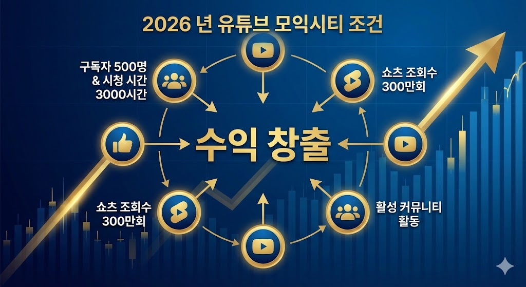 2026년 유튜브 파트너 프로그램 자격 요건을 요약한 전문적인 분석 인포그래픽 이미지.
