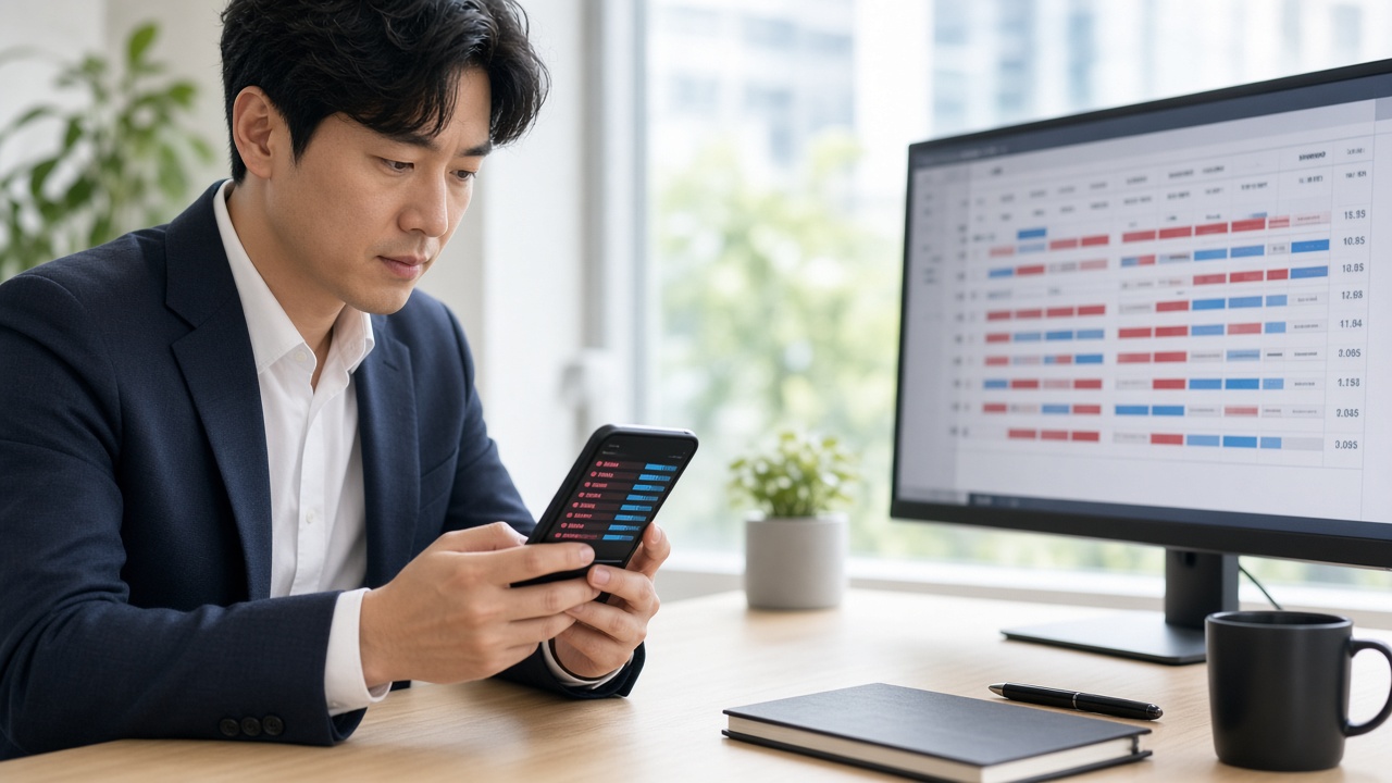증권 앱에서 신규 상장 종목 호가창을 확인하는 30대 한국인 남성 투자자