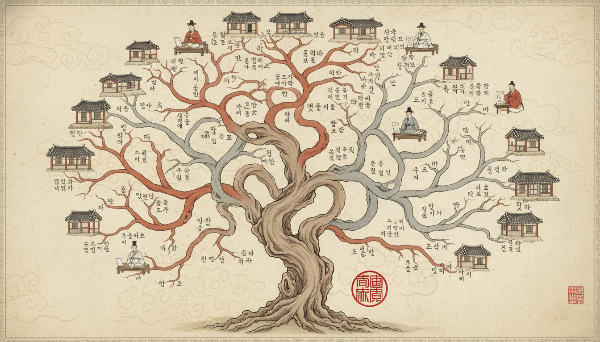 아름다운 전통 족보 그림으로, 경주 이씨의 다양한 파(派)들이 가지처럼 뻗어 나가는 모습을 섬세하게 표현.