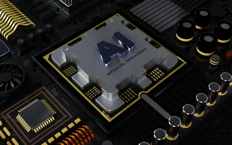 검은 회로 기판 위에 AI 글자가 새겨진 프로세서 칩