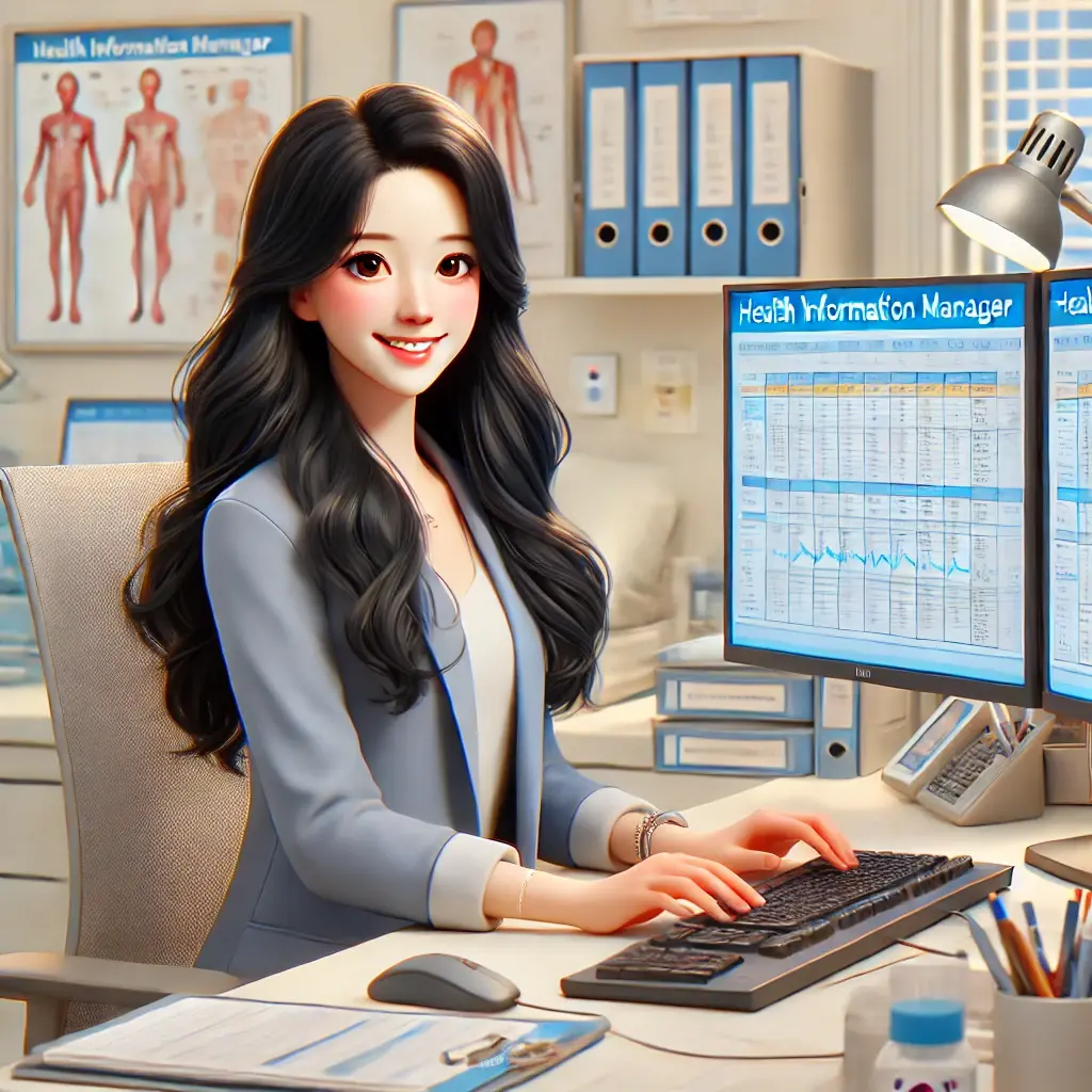 보건의료정보관리사로 병원 사무실에서 근무 중인 젊은 한국 여성의 3D 스타일 일러스트