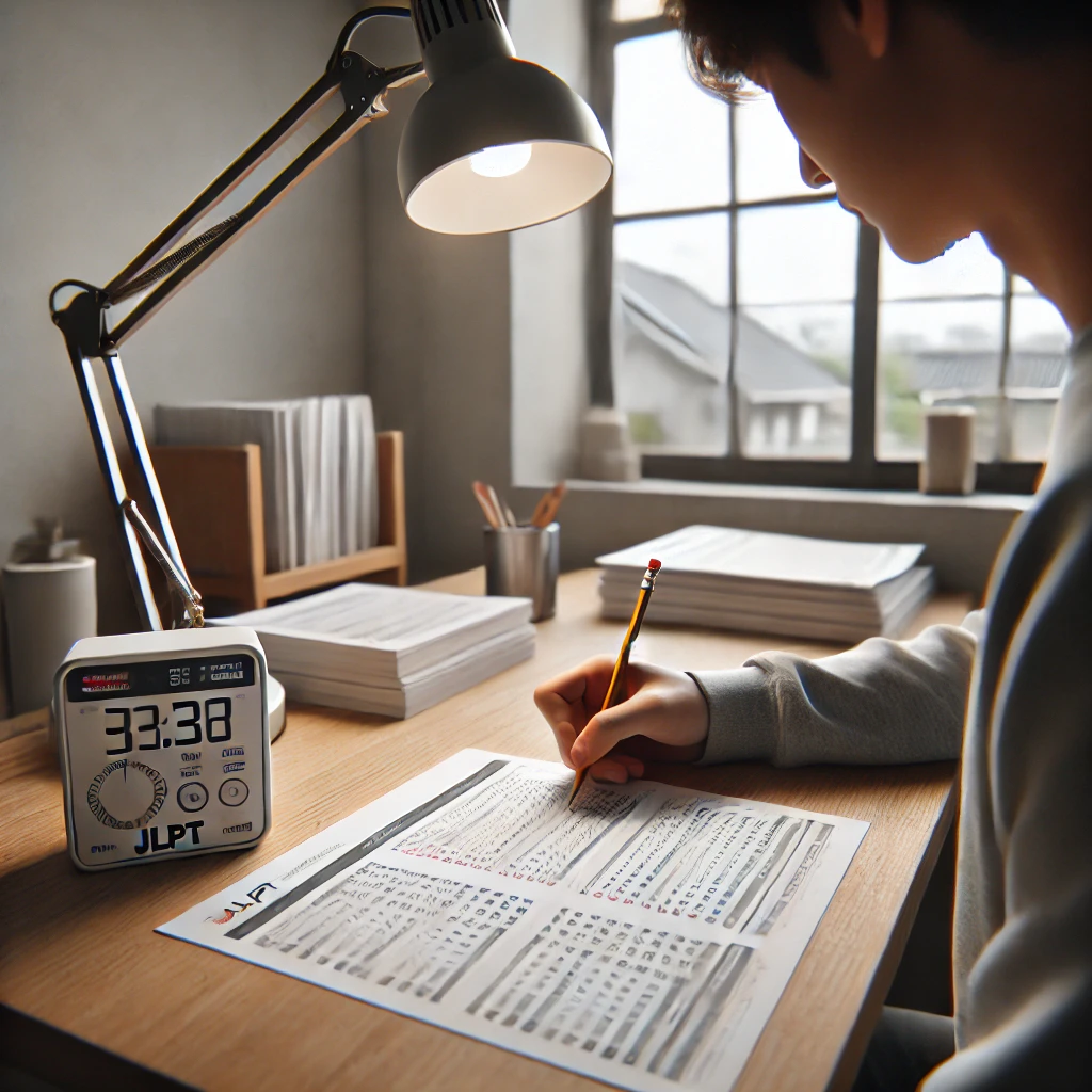 조용한 방에서 모의 JLPT 시험을 보는 학생