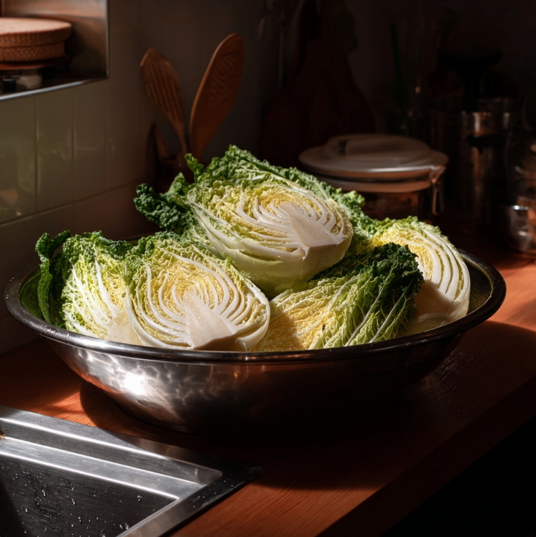 배추를 대야에 절여놓은 모습