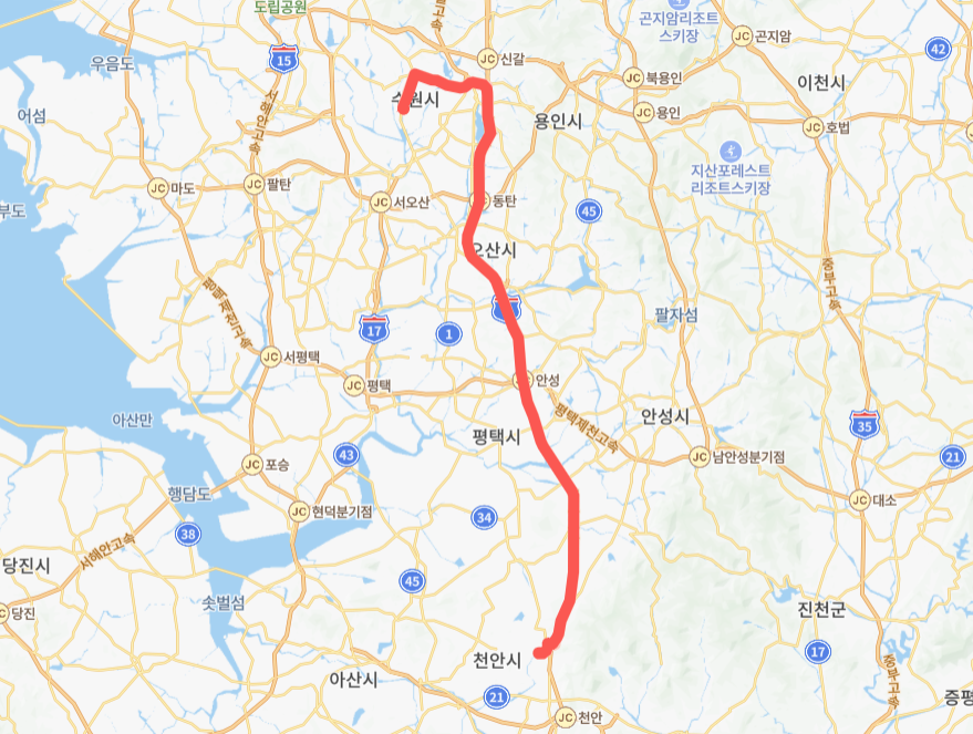 수원-용인-천안-8327번-버스-노선-지도