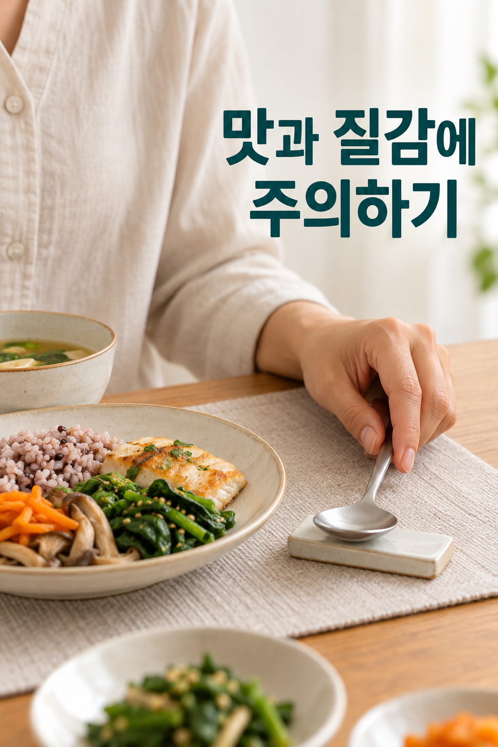 음식이 담긴 접시 옆 받침에 수저를 잠시 내려놓는 손