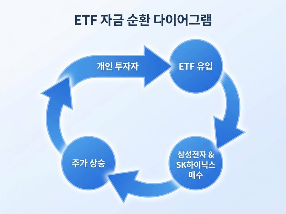 ETF 자금 흐름 도식, 개인투자자 &rarr; ETF 유입 &rarr; 삼성전자&middot;SK하이닉스 매수 &rarr; 주가 상승 &rarr; 다시 ETF 유입 순환 화살표 구조
