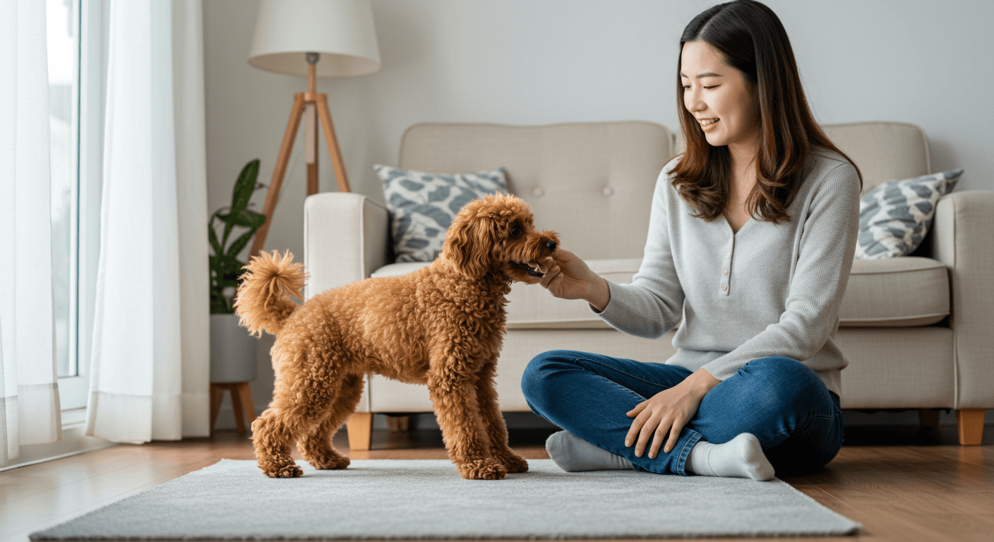 건강한 토이푸들이 주인과 행복한 시간을 보내고있다