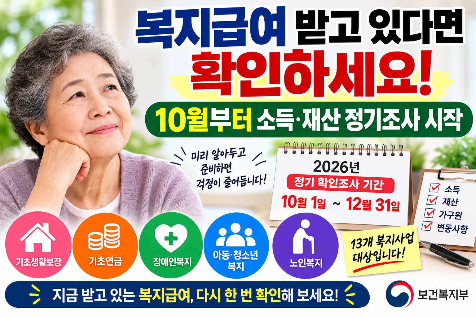 2026년 10월부터 시작되는 복지급여 수급자 소득·재산 정기 확인조사 안내