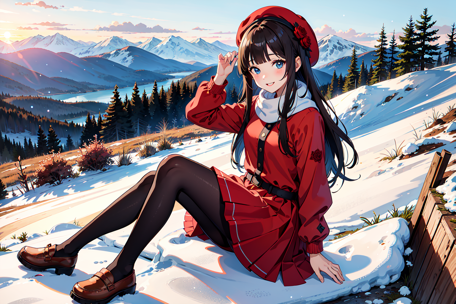 1girl in snow field, forest, lake, mountain, sunset