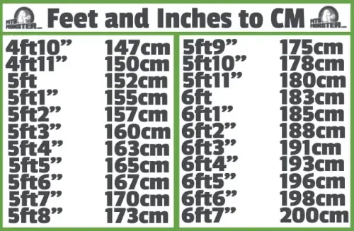 신장 테이블 feet and inches to CM