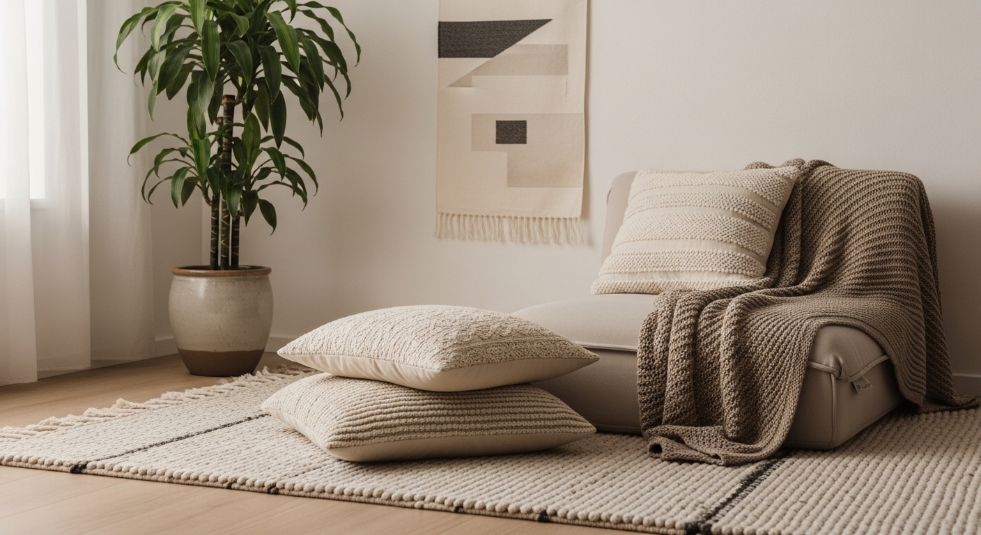 신혼집 거실의 조용한 코너. 두꺼운 러그, 패브릭 쿠션, 풍성한 식물 등 방음 효과를 높이는 소품들이 배치된 모습.