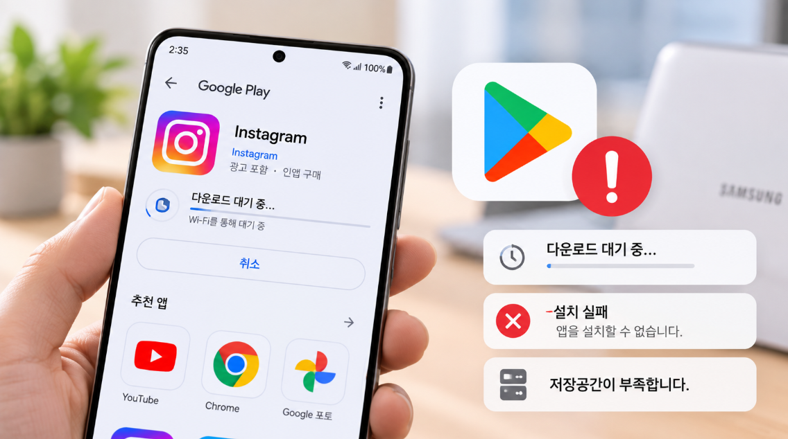 갤럭시에서 Google Play 스토어 앱 다운로드와 설치 오류를 확인하는 모습