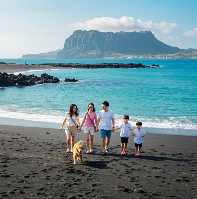 가족이 애견과 함께 제주도 바닷가를 산책하는 모습의 이미지