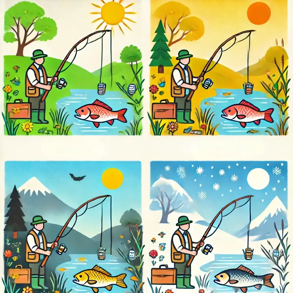 사계절 동안 참돔 낚시를 즐기는 남성.