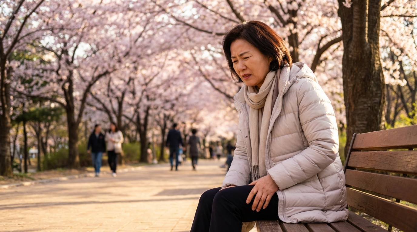 벚꽃이 핀 공원에서 한 중년 여성이 허벅지를 만지며 힘들어하는 모습, 건강하고 따뜻한 봄날의 햇살이 비치는 분위기