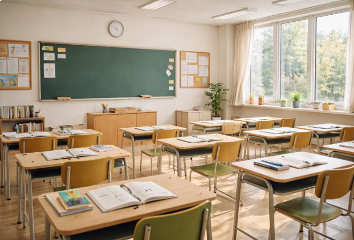사립학교 교실 전경과 책상이 정리된 수업 환경 모습