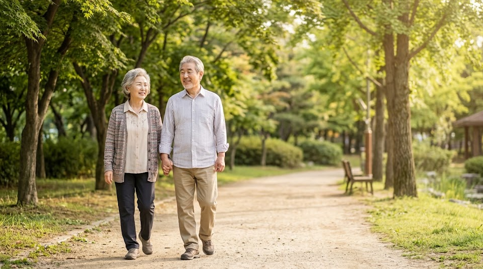시니어 부부 공원 걷기 운동 혈압관리 건강노후