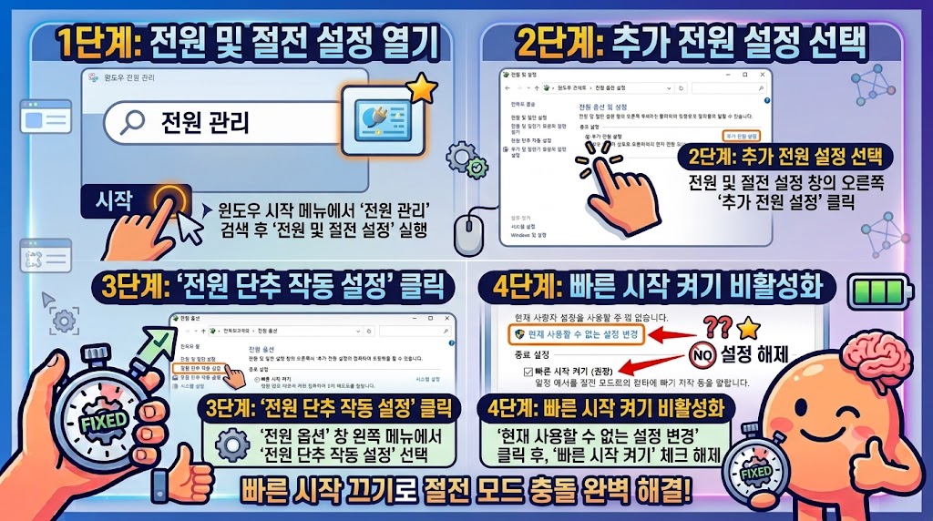 제어판 전원 옵션 전원 단추 작동 설정에서 빠른 시작 켜기 체크를 해제하는 화면
