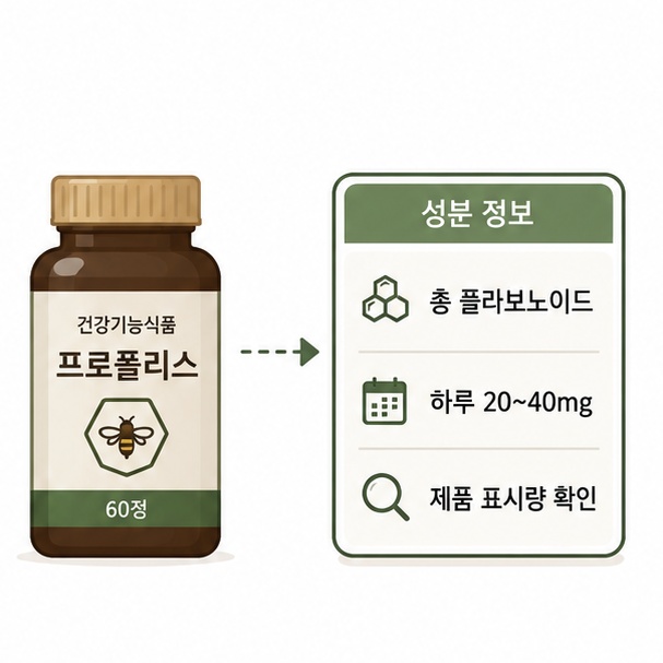 건강기능식품 성분표와 함께 총 플라보노이드 하루 20~40mg 기준과 제품 표시량 확인을 설명한 이미지