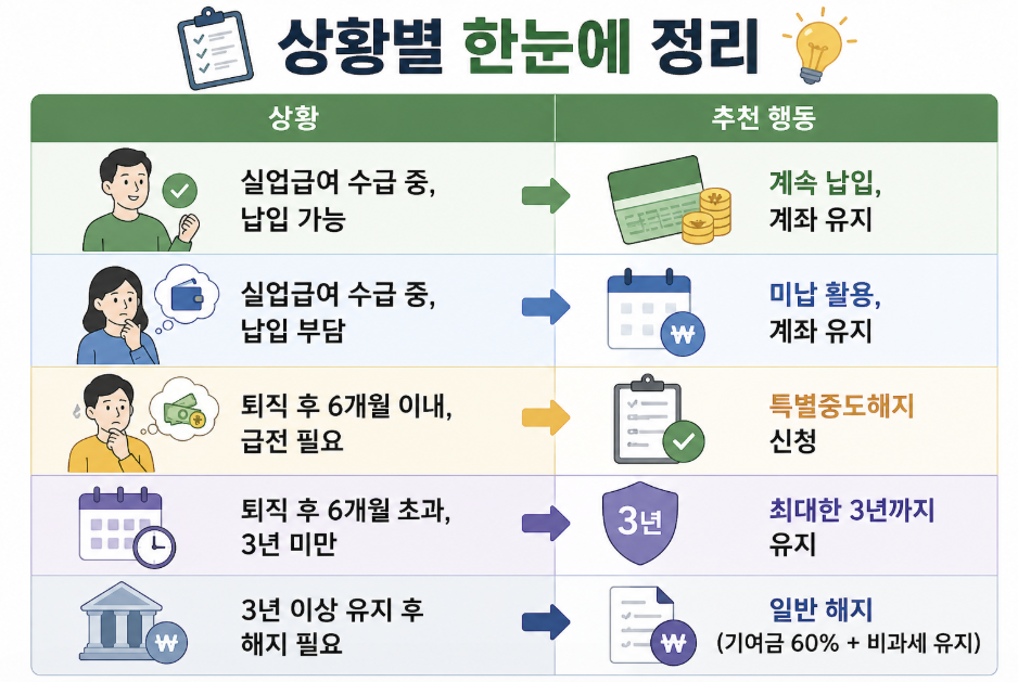 실업급여 수급 중 청년도약계좌 유지 및 계속 납입 방법, 납입 부담 시 미납 활용 전략, 퇴직 후 6개월 이내 특별중도해지 신청, 3년 미만 유지 시 대처법 및 3년 이상 일반 해지 시 기여금 60%와 비과세 혜택 정보를 상황별로 정리한 요약 이미지