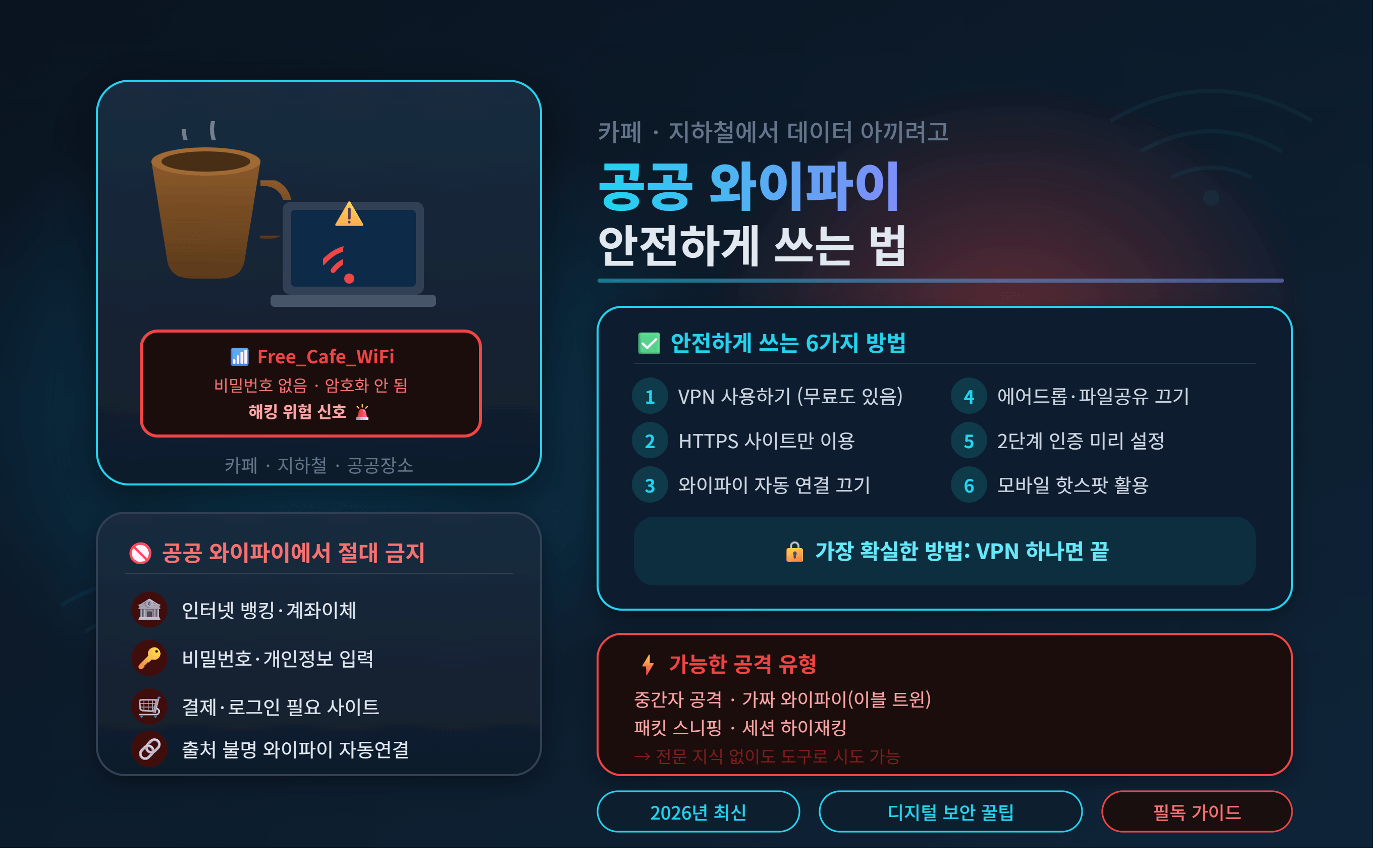 공공 와이파이 안전하게 쓰는 법 — 카페·지하철에서 절대 하면 안 되는 것들 (2026년)
