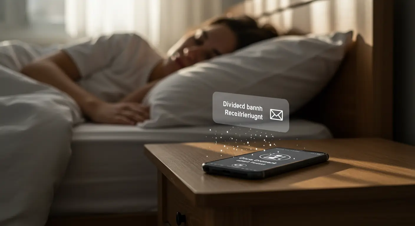 잠자는 동안 스마트폰으로 배당금 입금 알림을 받고 있는 모습