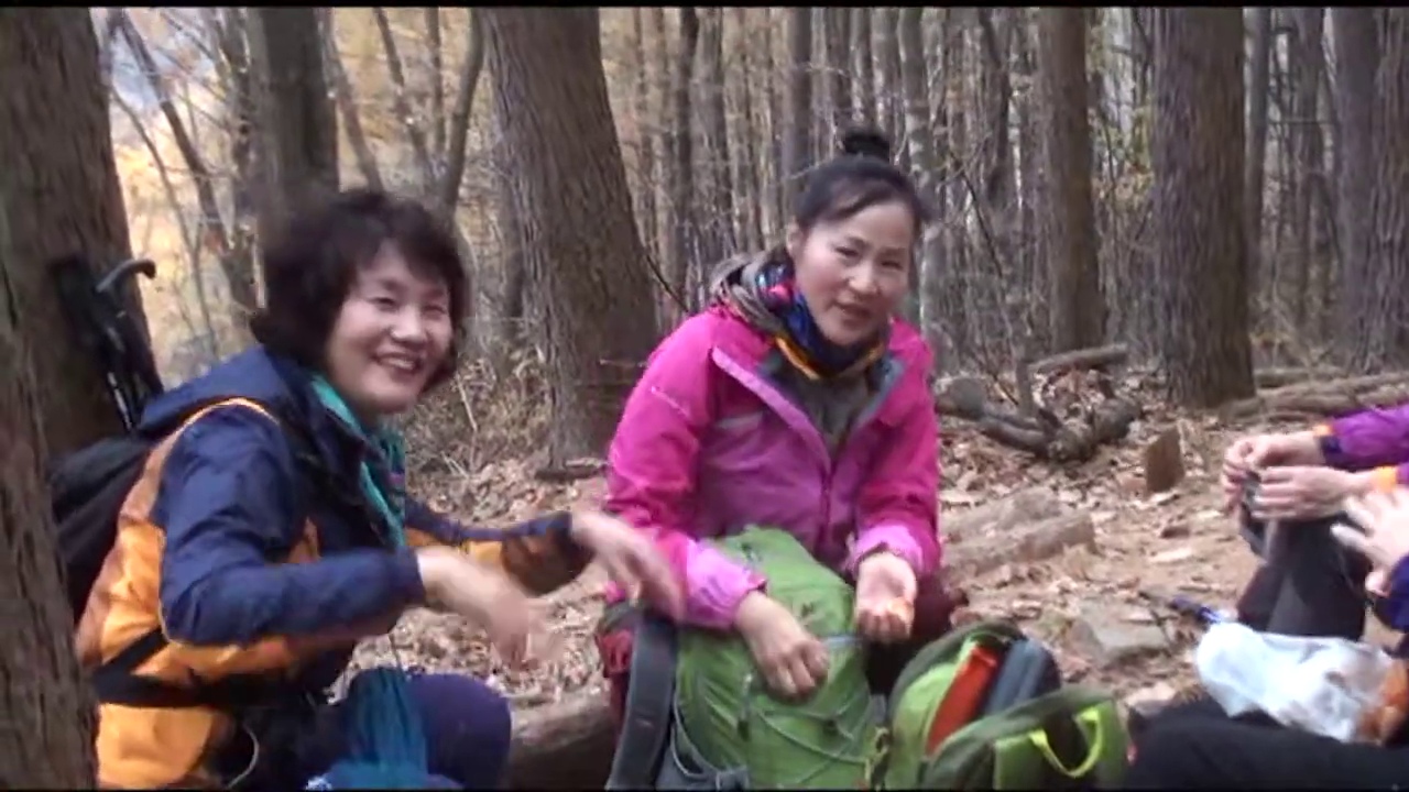 숲속에서 잠시 쉬며 웃음을 나누는 일행