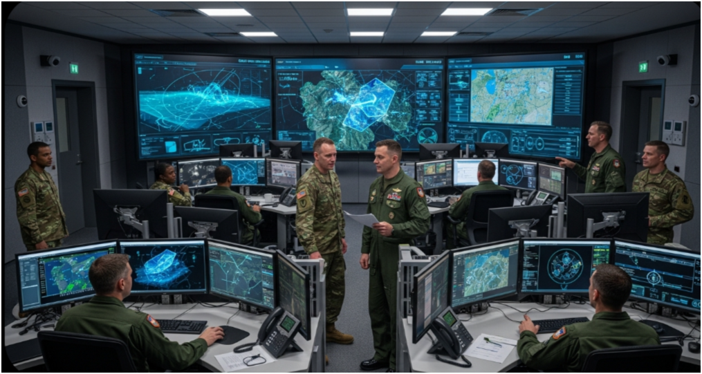 국방부에서 전산망을 띄워놓고 의견을 나누는 이미지