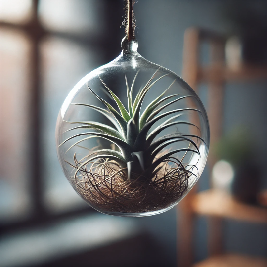 공중에 떠있는 유리볼안에 있는 틸란드시아모습