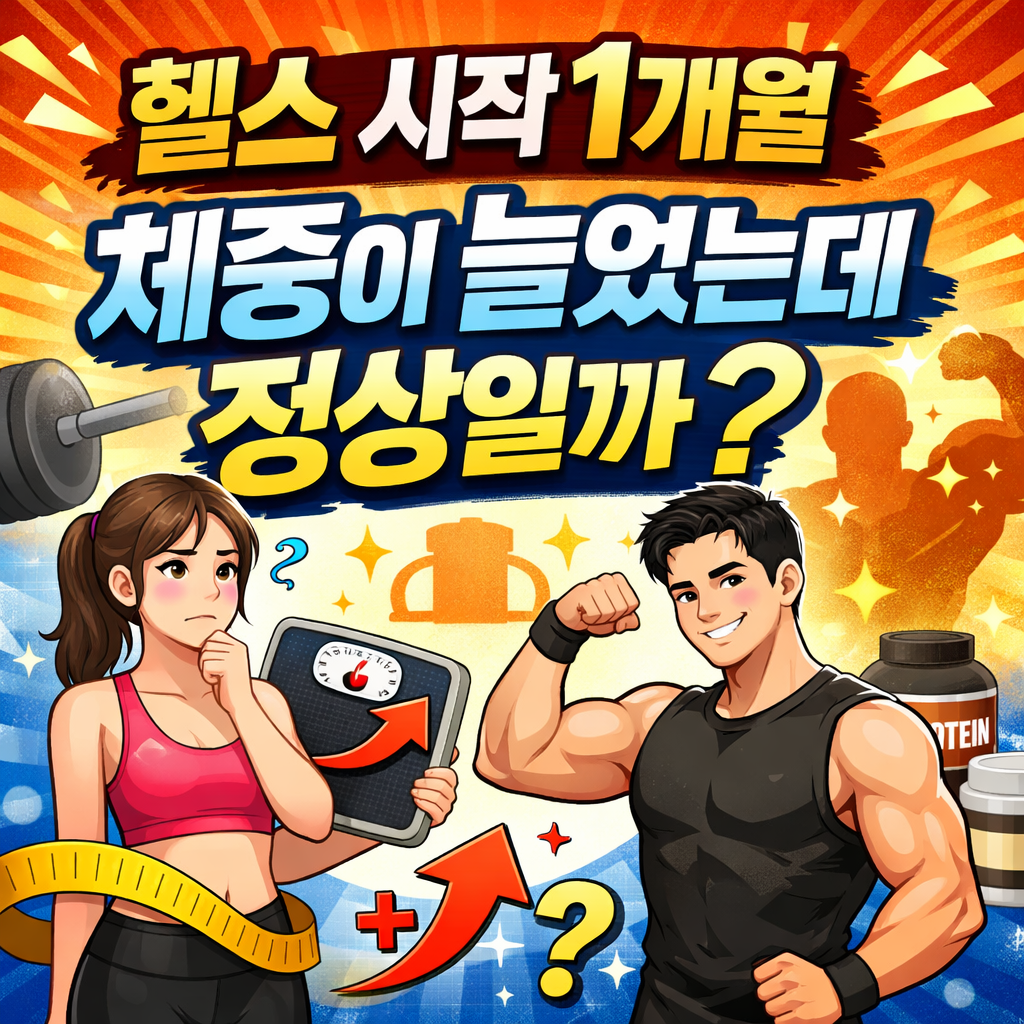 헬스 시작 1개월 체중 증가 정상 여부를 설명하는 이미지, 운동 초반 몸무게 변화와 근육 증가 개념 일러스트