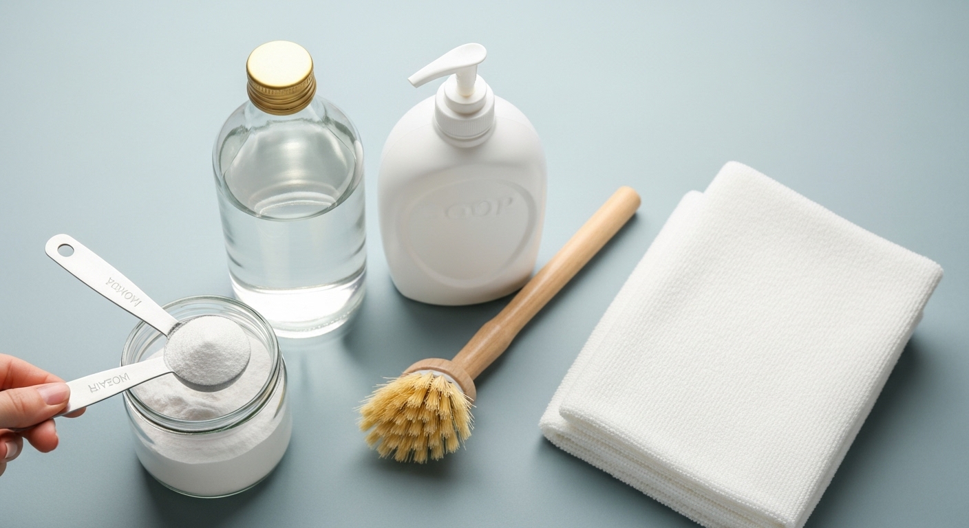 베이킹소다, 식초, 주방 세제, 칫솔 등 기본적인 얼룩 제거 용품들이 깔끔하게 놓여 있는 모습
