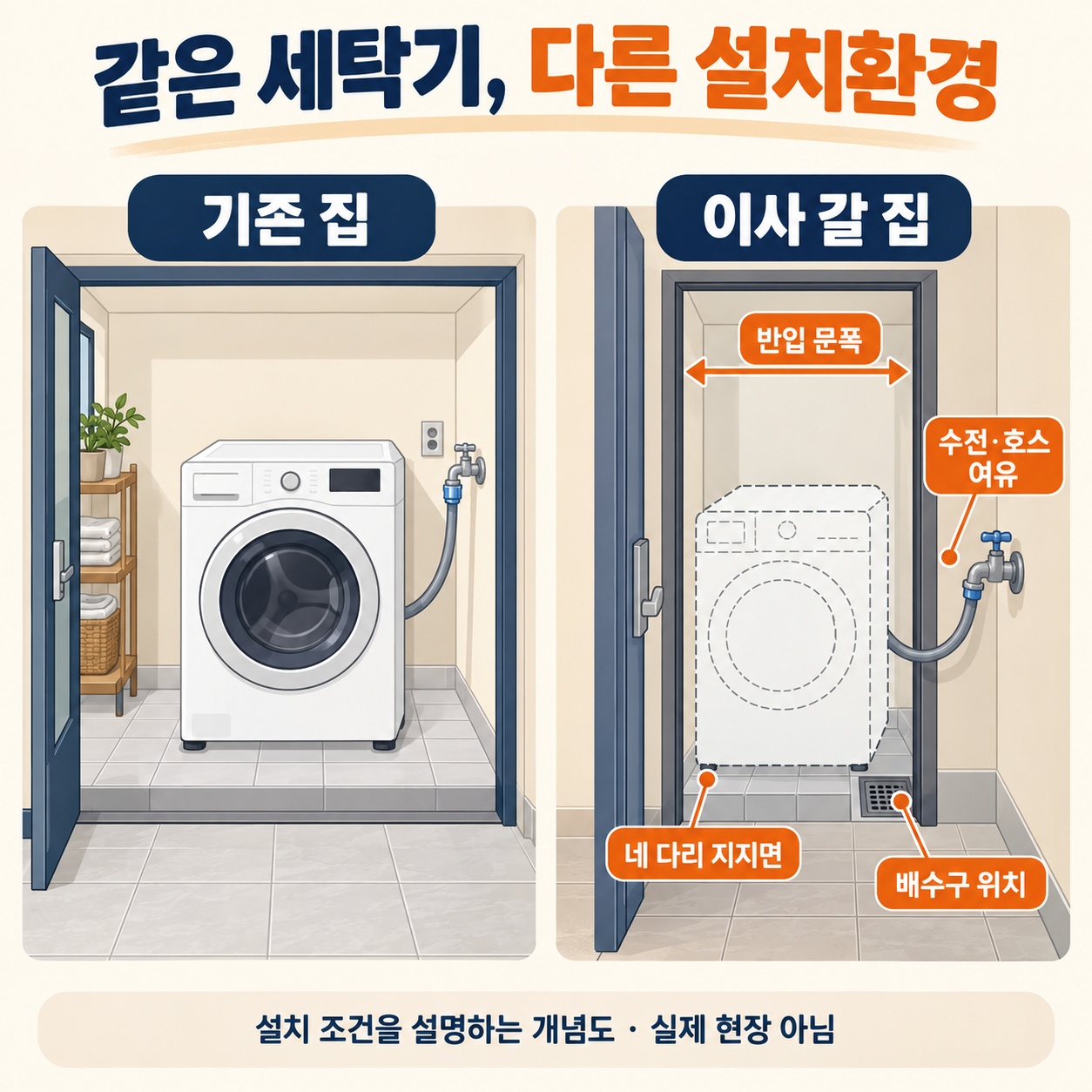 세탁기 이전 설치 전 새집 반입문&middot;급배수&middot;바닥 조건 점검 도해