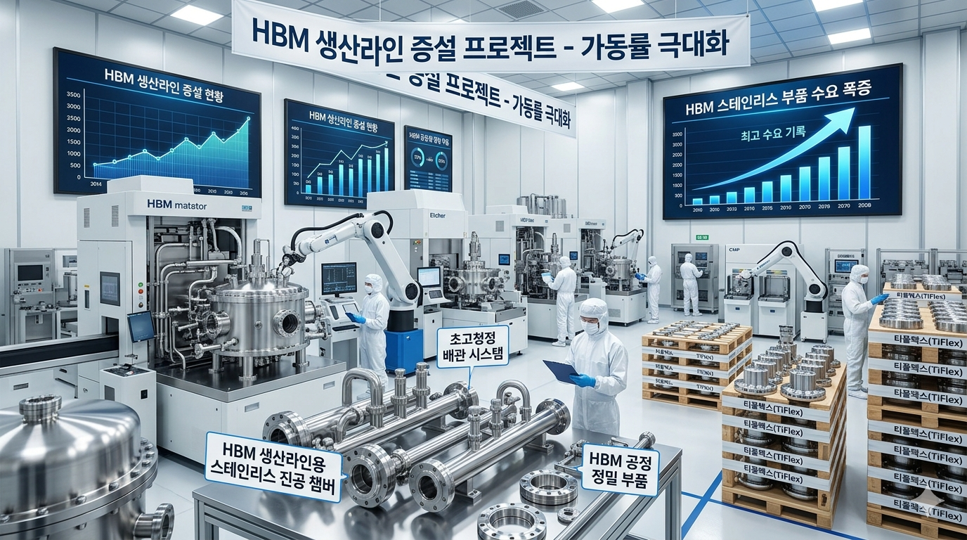 HBM 생산라인 증설에 따른 스테인리스 부품 수요 폭증 상황을 시각화한 이미지입니다