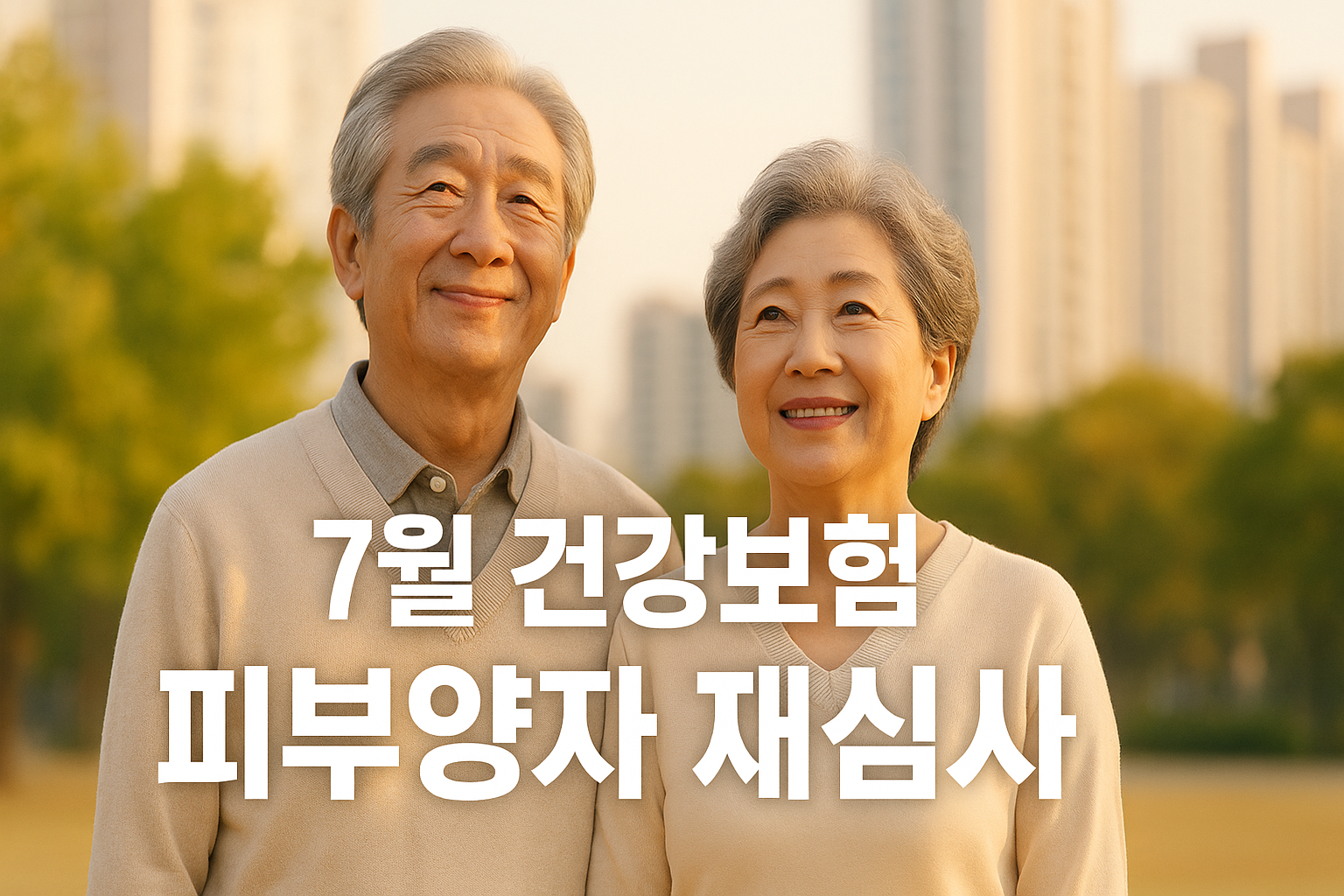 2025년 7월 건강보험 피부양자 재심사를 안내하는 고화질 썸네일 이미지 – 밝은 공원에서 미소 짓는 노부부와 아파트 배경