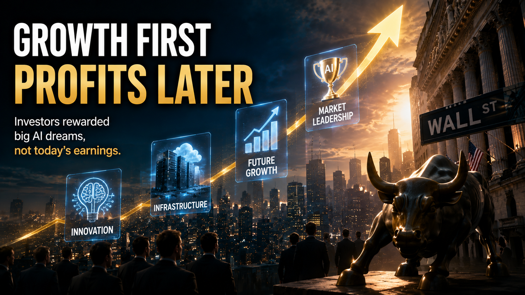 Wall Street skyline with AI innovation, infrastructure investment, and growth graphics representing the narrative premium in the AI market.