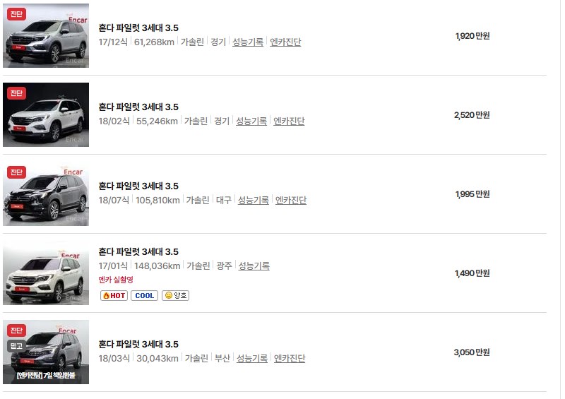 혼다 파일럿 중고차 가격 시세표 유지비